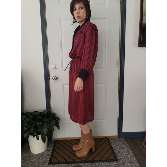 70s Red and Black Striped Day Dress - Picture 2 of 4